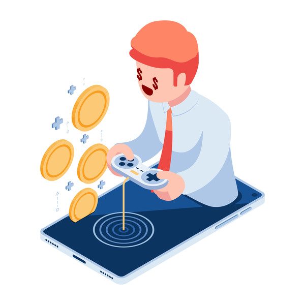 isometric businessman playing games on smartphone and earn money